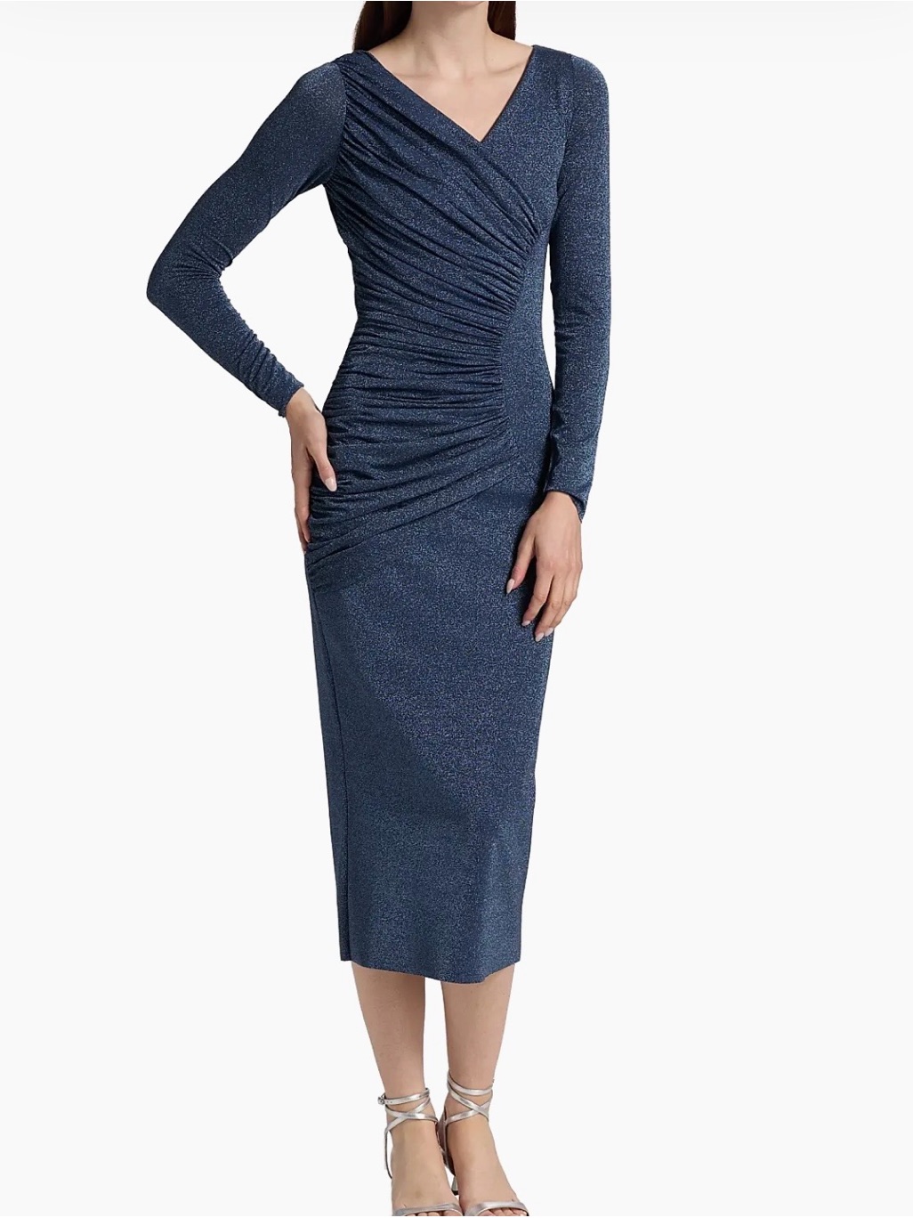 Chiara Boni Navy Shimmer Ruched V-Neck Long Sleeve Midi Dress